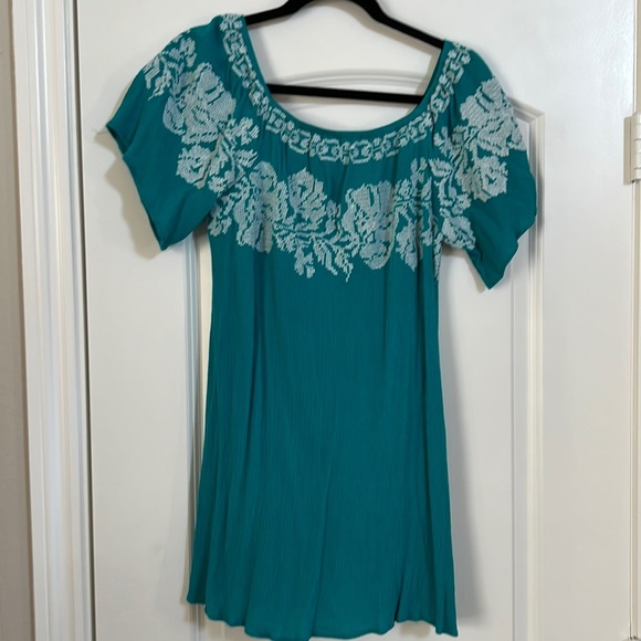 Off The Shoulder Turquoise Dress with White Stitching - Picture 2 of 5